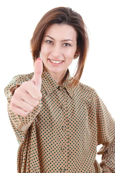 Donna in camicia marrone e jeans in posa su bianco e mostrando pollice — Foto Stock