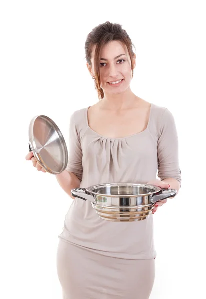 Güzel bir genç kadın bir pot holding — Stok fotoğraf