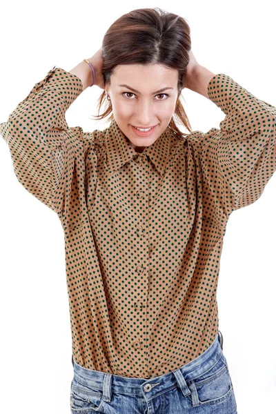 Pretty attractive casual business woman pulling her hair back — Stock Photo, Image