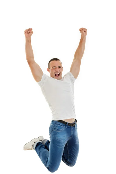 Casual Happy Young Caucasian Man Clenching His Fists and jumping — Stock Photo, Image