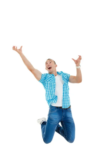 Man jumps in the air with his hands up as if he trying to catche — Stock Photo, Image