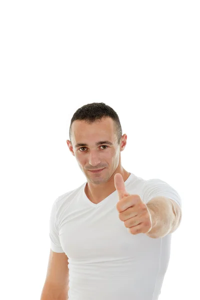 Imagen del hombre guapo en camiseta blanca mostrando el pulgar hacia arriba — Foto de Stock