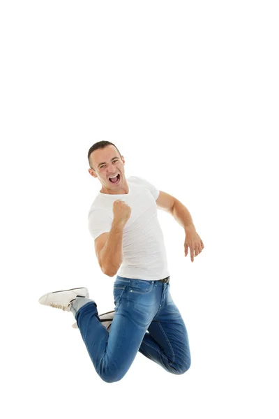Úspěšné příležitostné muž skákání - izolované na bílém pozadí — Stock fotografie
