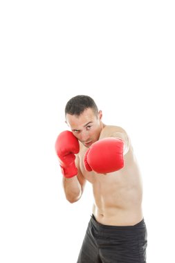 adam beyaz zemin üzerine izole kırmızı boks eldivenli Delme