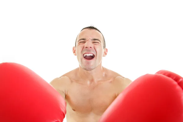 Homem feliz com luvas de boxe vermelho na frente da câmera — Fotografia de Stock