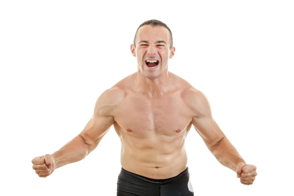 Muscular strong man fighter excited to win showing tighten muscl — Stock Photo, Image