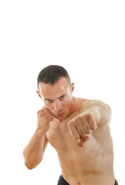 Portrait of serious sportsman boxer fihter in fight position — Stock Photo, Image