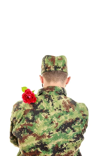 Back of a soldier with red rose over shoulder — Stock Photo, Image