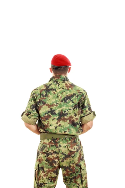 Soldado del ejército militar con la espalda vuelta vistiendo uniforme y gorra — Foto de Stock