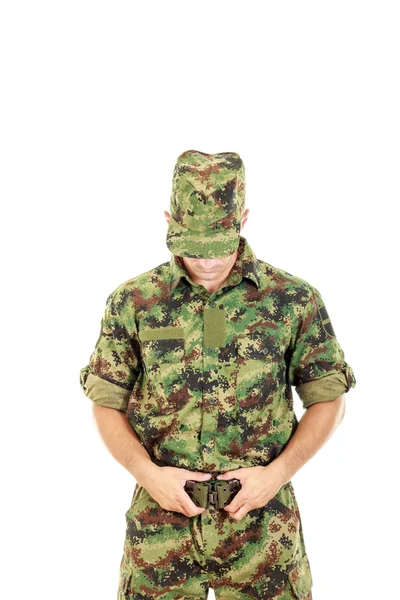 Soldier warrior in military camouflage uniform fastened belt — Stock Photo, Image