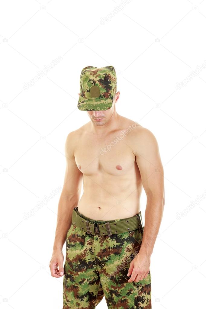 Soldier swat team officer standing proud shirtless