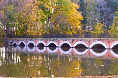 Sonbaharda suya yansıyan renkli ağaçlar ve taş köprü