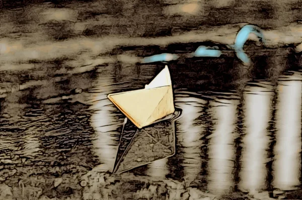 Barco de papel flutua em uma pintura poça de outono — Fotografia de Stock
