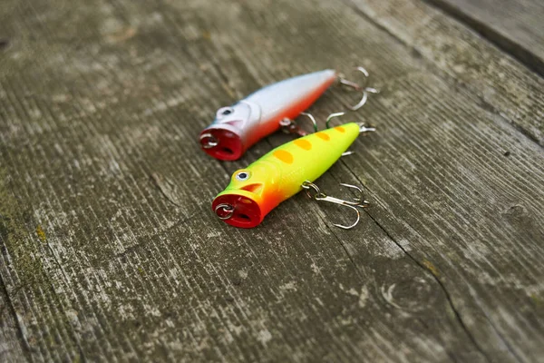 Two popper lures for predatory fish on the wood