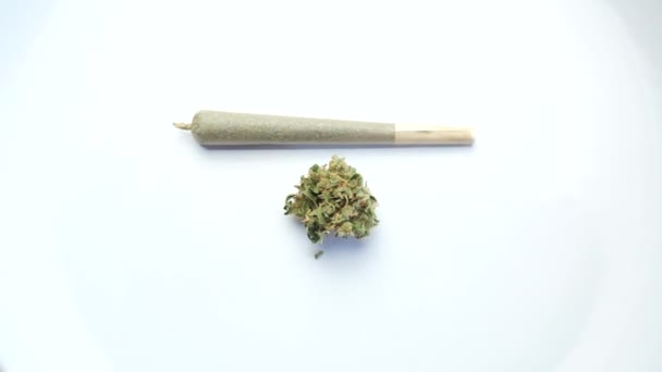 Marihuana Joint Vedle Konopí Květiny Rotujícím Bílém Pozadí — Stock video