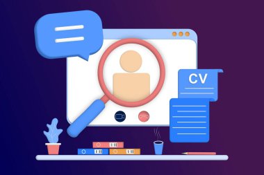 İşe alım ajansının iniş sayfası şablonu. Çevrimiçi iş görüşmesi, iş bulma, aday seçme, iş arama konsepti. CV, devam et ve boşalt. Web pankartı için 3B vektör illüstrasyonu.