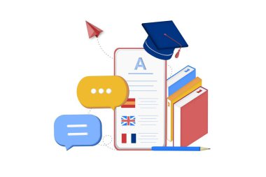 Modern 3D çevrimiçi dil öğrenme sınıfı, dil kursları web sitesi ve mobil uygulama geliştirme için pankart şablonu. Kelimesi kelimesine çeviri, dil asistanı, e-öğrenme konsepti. Vektör illüstrasyonu.