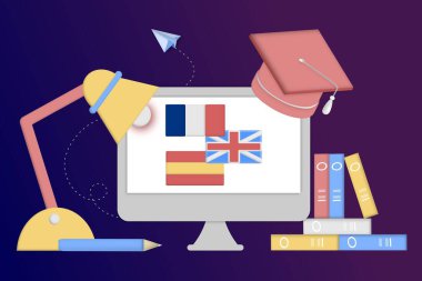 Modern 3D çevrimiçi dil öğrenme sınıfı, dil kursları web sitesi ve mobil uygulama geliştirme için pankart şablonu. Kelimesi kelimesine çeviri, dil asistanı, e-öğrenme konsepti. Vektör illüstrasyonu.