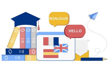 Modern 3D çevrimiçi dil öğrenme sınıfı, dil kursları web sitesi ve mobil uygulama geliştirme için pankart şablonu. Kelimesi kelimesine çeviri, dil asistanı, e-öğrenme konsepti. Vektör illüstrasyonu.