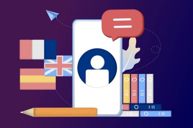 Modern 3D çevrimiçi dil öğrenme sınıfı, dil kursları web sitesi ve mobil uygulama geliştirme için pankart şablonu. Kelimesi kelimesine çeviri, dil asistanı, e-öğrenme konsepti. Vektör illüstrasyonu.