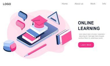 Sancak web sitesi için çevrimiçi eğitimin modern 3d izometrik konsepti. Gerçekçi iniş sayfası şablonu vektör çizimi çevrimiçi öğrenme, İnternet kursu, uzaktan kumanda, cep telefonu uygulaması üzerine özel ders.