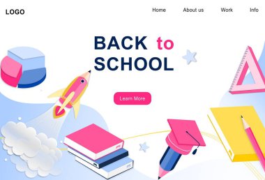 Okul, stüdyo, sınıf, eğitim için iniş sayfası tasarımı şablonu. Davetiye, poster, afiş, promosyon, satış web sitesi mobil geliştirme için modern tasarım tasarımı illüstrasyon kavramı
