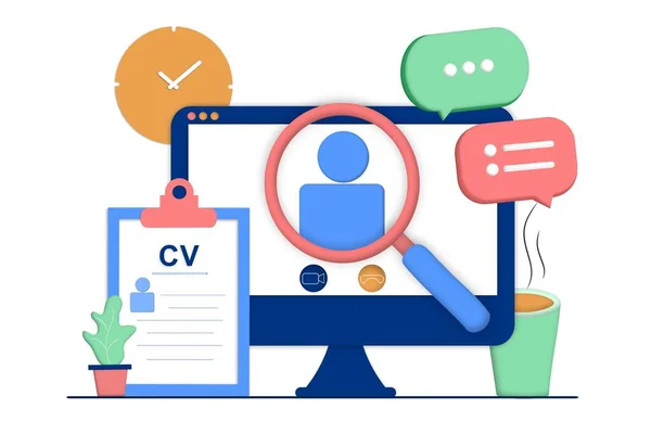 İşe alım ajansının iniş sayfası şablonu. Çevrimiçi iş görüşmesi, iş bulma, aday seçme, iş arama konsepti. CV, devam et ve boşalt. Web pankartı için 3B vektör illüstrasyonu.