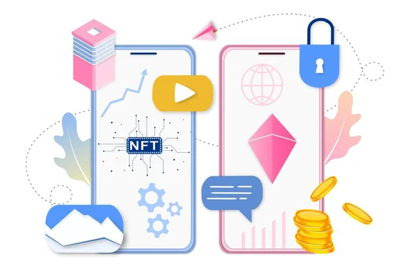 Nft Non Fongible Token Infographie Avec Des Lignes Des Points — Image vectorielle