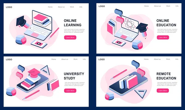 Modern Isometric Concept Online Education Banner Website Realistic Landing Page — Stock Vector