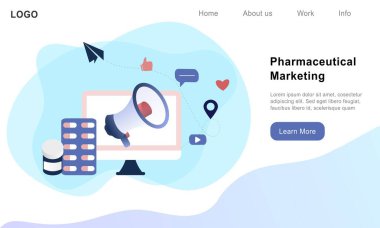 Eczane konsepti. Bilgisayar ve tıptan sorumlu ilaç temsilcisi. İlaç pazarlama, ilaç reklamcılığı, ilaç endüstrisi. Web pankartı, bilgi grafikleri, kahraman resimleri için düz vektör.