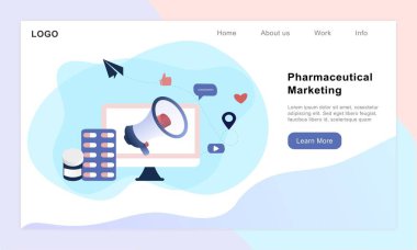 Eczane konsepti. Bilgisayar ve tıptan sorumlu ilaç temsilcisi. İlaç pazarlama, ilaç reklamcılığı, ilaç endüstrisi. Web pankartı, bilgi grafikleri, kahraman resimleri için düz vektör.