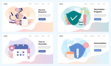 Aşı araştırması, aşı programı, aşılama zamanı, aşı konsepti. Bağışıklık sistemi ve ilaç endüstrisi için tedavi. UI uygulaması, web şablonu, pankart için düz vektör çizimi.