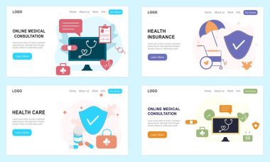 Online sağlık, kalp ilacı, sağlık sigortası, tıbbi ilaçlar, online tıbbi danışmanlık için iniş sayfası şablonları. Doktor, eczane, internet sitesi terapisti, UI, mobil uygulama.