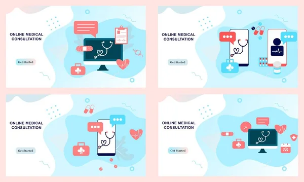 Online sağlık, tıbbi hizmetler, online yardım, tıbbi ilaçlar, online tıbbi danışmanlık için iniş sayfası şablonları. Doktor, eczane, klinik, internet sitesi terapisti, UI mobil uygulama.