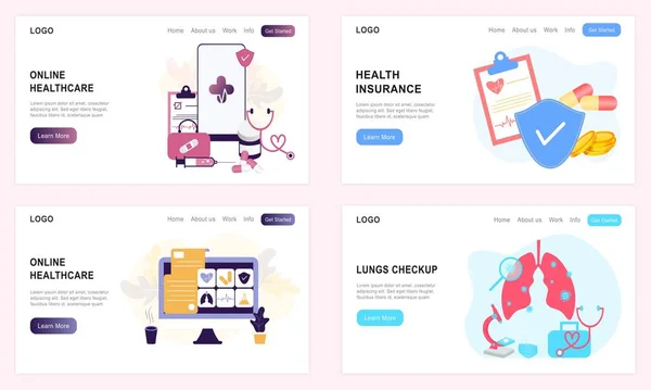 Çevrimiçi sağlık hizmetleri için iniş sayfası şablonları, akciğer kontrolü, sağlık sigortası, tıbbi ilaçlar, online tıbbi danışmanlık. Doktor, eczane, klinik, internet sitesi terapisti, UI mobil uygulama
