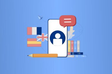 Modern 3D çevrimiçi dil öğrenme sınıfı, dil kursları web sitesi ve mobil uygulama geliştirme için pankart şablonu. Kelimesi kelimesine çeviri, dil asistanı, e-öğrenme konsepti. Vektör illüstrasyonu.