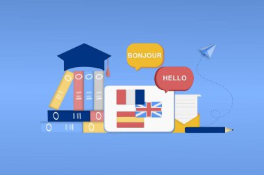 Modern 3D çevrimiçi dil öğrenme sınıfı, dil kursları web sitesi ve mobil uygulama geliştirme için pankart şablonu. Kelimesi kelimesine çeviri, dil asistanı, e-öğrenme konsepti. Vektör illüstrasyonu.