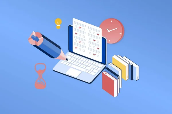 Akıllı telefon ya da bilgisayarda çevrimiçi inceleme için üç boyutlu izometrik sayfa şablonu. Çevrimiçi test, görüş kontrol listesi, çevrimiçi eğitim, anket formu, anket mecazı, cevap İnternet sınavı.