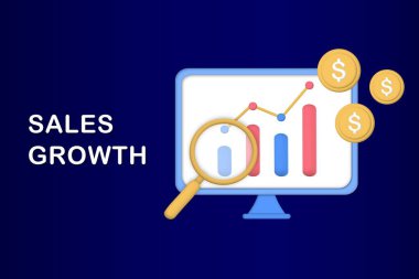 Satış büyüme şablonu. İş stratejisi, finansal analitik, kâr artışı, satış müdürü, muhasebe, satış promosyonu, pazarlama ve işletme kavramı. 3d minimalist vektör illüstrasyonu.