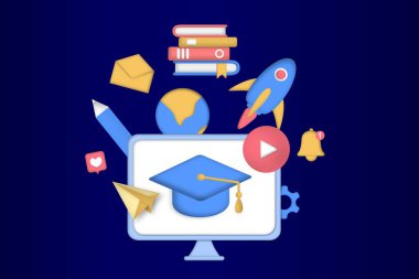 Çevrimiçi eğitim kavramı. Video dersi ve uygulama öğrenme dersleri, eğitim platformu, web siteleri, video sohbetleri, e-öğrenme, dijital sınıf. Modern ağ için 3B vektör illüstrasyonu.