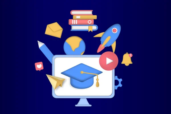 Çevrimiçi eğitim kavramı. Video dersi ve uygulama öğrenme dersleri, eğitim platformu, web siteleri, video sohbetleri, e-öğrenme, dijital sınıf. Modern ağ için 3B vektör illüstrasyonu.