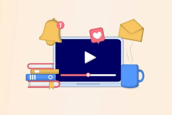 Çevrimiçi video eğitimi konsepti. Mesafeli iş eğitimi, yayıncılık, webinar, çevrimiçi konferans, çevrimiçi öğrenme, video eğitimi, dersler, internet dersleri. 3B web vektör illüstrasyonu.