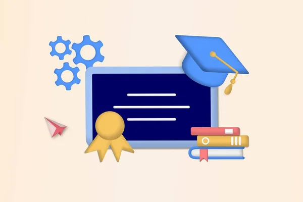 Meslek uzmanları mezun oluyor ve diplomaları mezuniyet şapkası takıyor. Meslek eğitimi, meslek okulu, profesyonel öğrenme, çevrimiçi mesleki eğitim kavramı. 3B modern vektör illüstrasyonu.