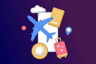 Traveling on airplane, planning for tourism on summer vacation concept. Business trip with passport and travel bag. Online ticket, travel booking and service concept. 3D minimalist vector illustration