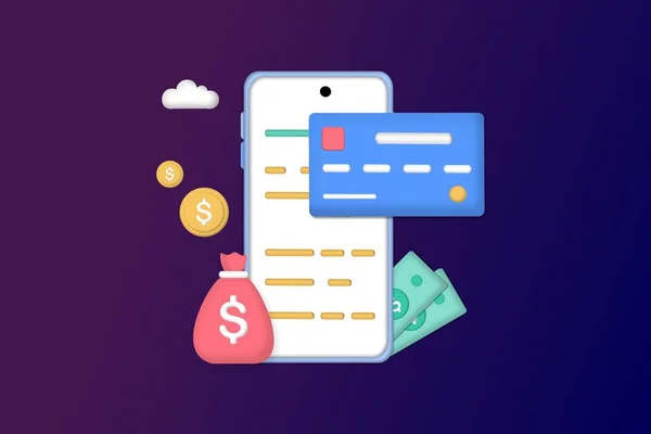3D bill payment with credit card for online shopping. Concept of payment processing, financial transactions, transfer, bank card, terminal for buying process, monetary currencies. Vector illustration.