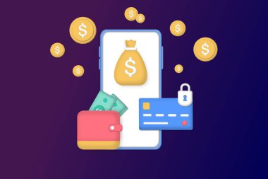 Çevrimiçi alışveriş için kredi kartıyla 3 boyutlu fatura ödemesi. Ödeme işlemleri, mali işlemler, transfer, banka kartı, satın alma işlemi için e-cüzdan, para birimleri. Vektör illüstrasyonu.