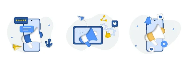 Sosyal medya pazarlama seti. Sosyal ağların tanıtımı, dijital tanıtım kampanyası, web analitiği, SMM stratejisi, sohbet robotu, video yayını, hikayeler. Yorum paylaşımı gibi. 3B web vektör illüstrasyonu.