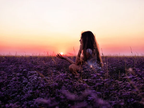 Chica joven en un campo de flores púrpuras, puesta de sol rosa — Foto de Stock
