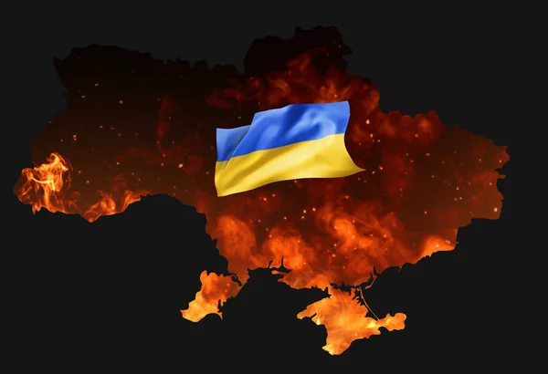 Силуэт Карты Украины Флагом Фоне Огня — стоковое фото