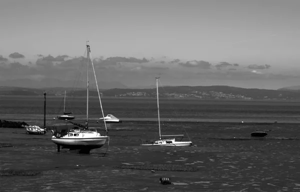 Black White Photo Stuck Boats Low Tide — ストック写真